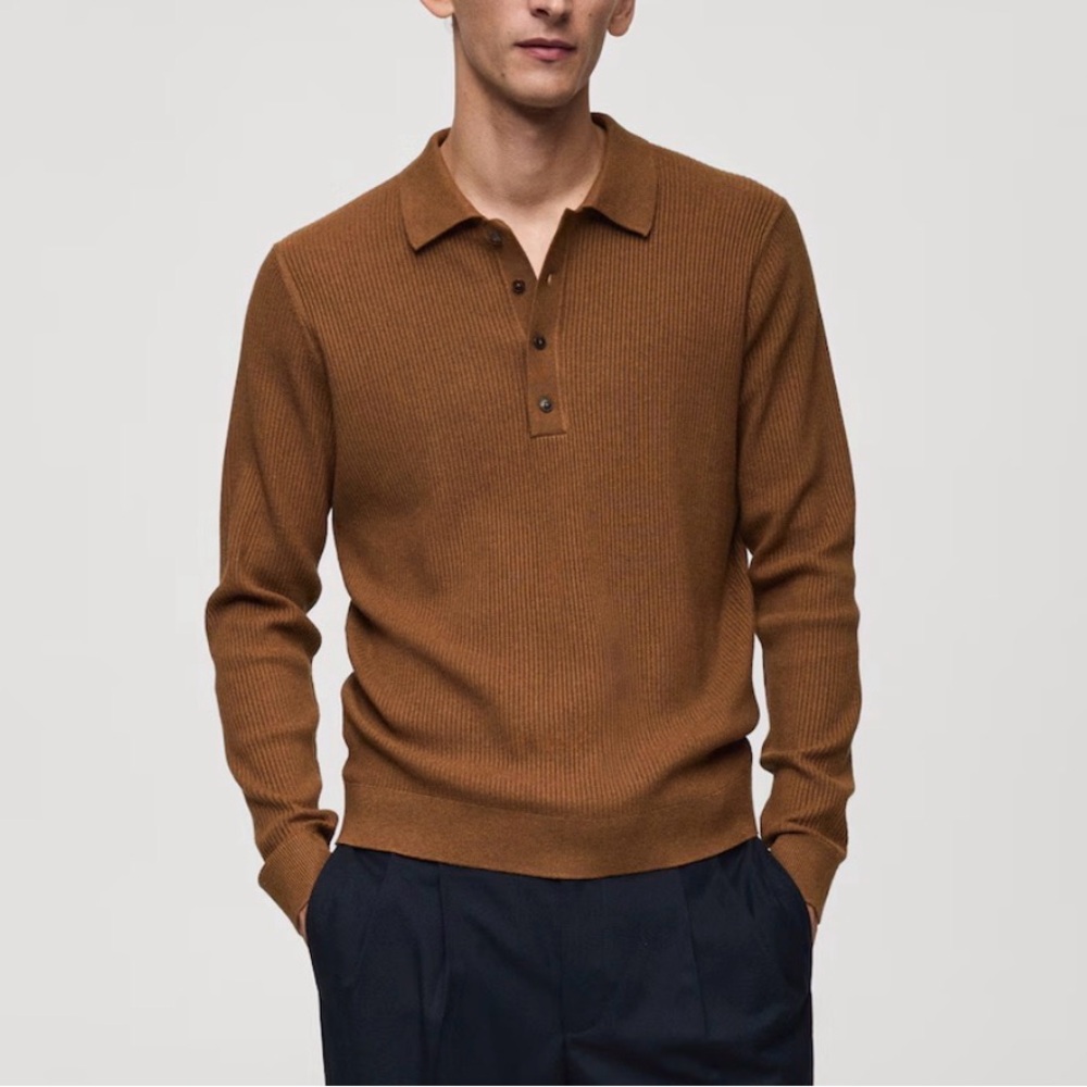 NWT Mango brown cotton blend knitted polo sweater